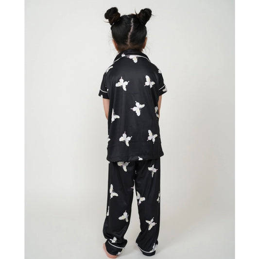 Generic Girl's Silk Bleand Printed Short Sleeve Night Suit Set (Black)