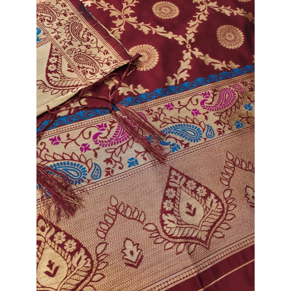 Generic Women's Banarasi Silk Printed Unstitched Salwar Suit Material With Dupatta (Maroon, 3Mtrs)