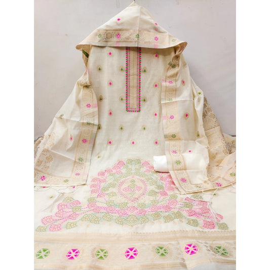 Generic Women's Banarasi Silk Printed Unstitched Salwar Suit Material With Dupatta (White, 3Mtrs)