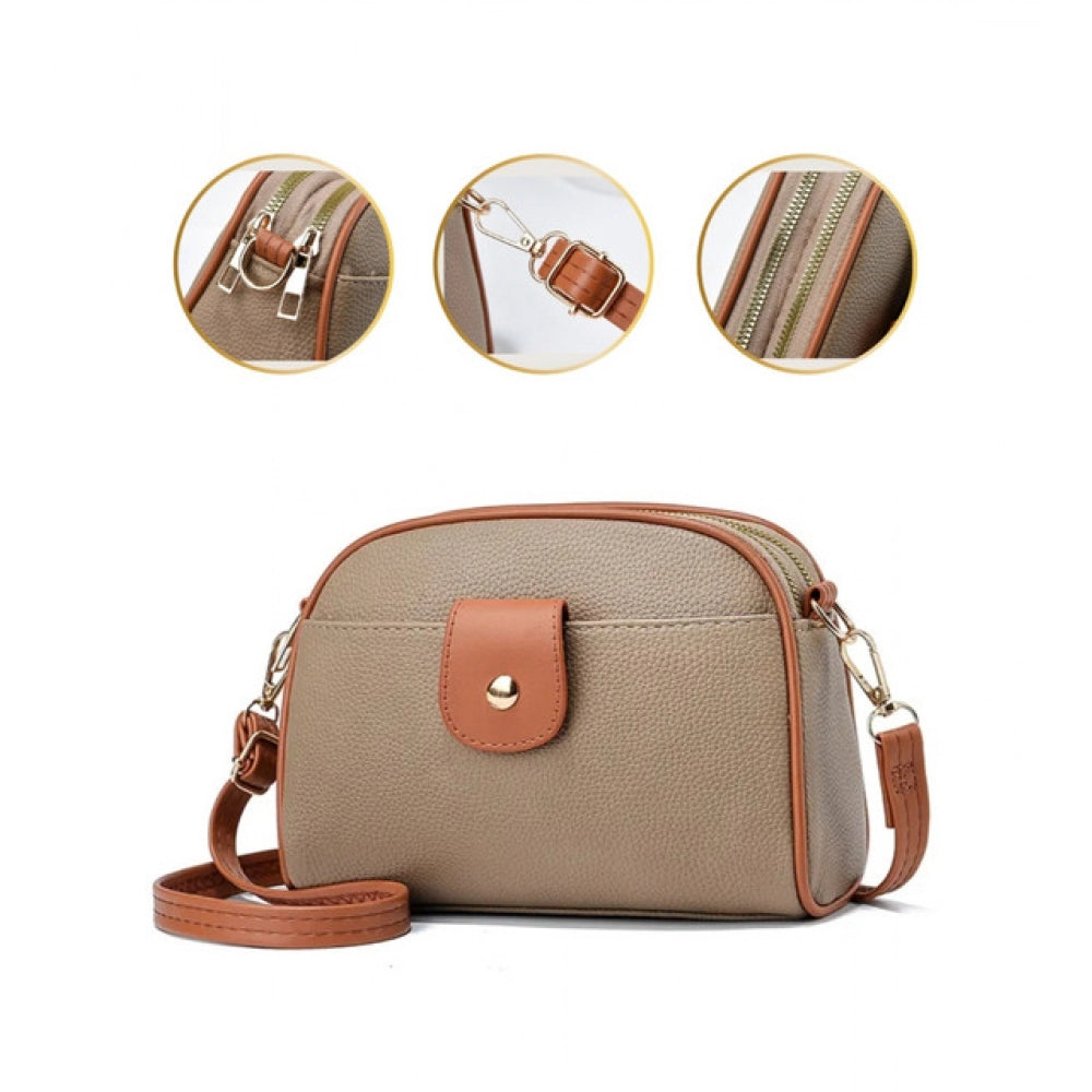Women's PU Leather Zipper Sling Bag (Khakhi) - POPNOVA