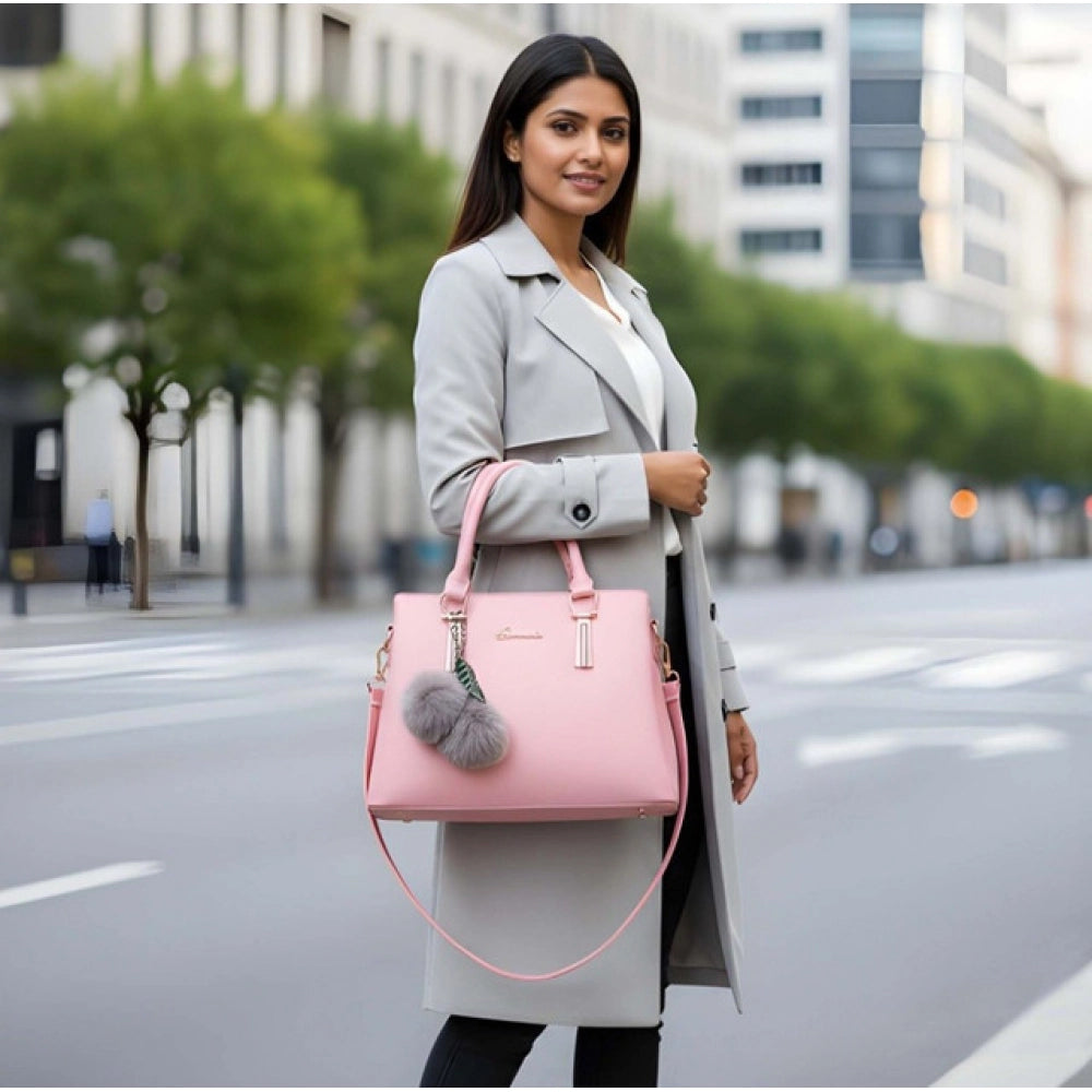 Women's PU Leather Solid Shoulder Zipper Handbag (Pink) - POPNOVA