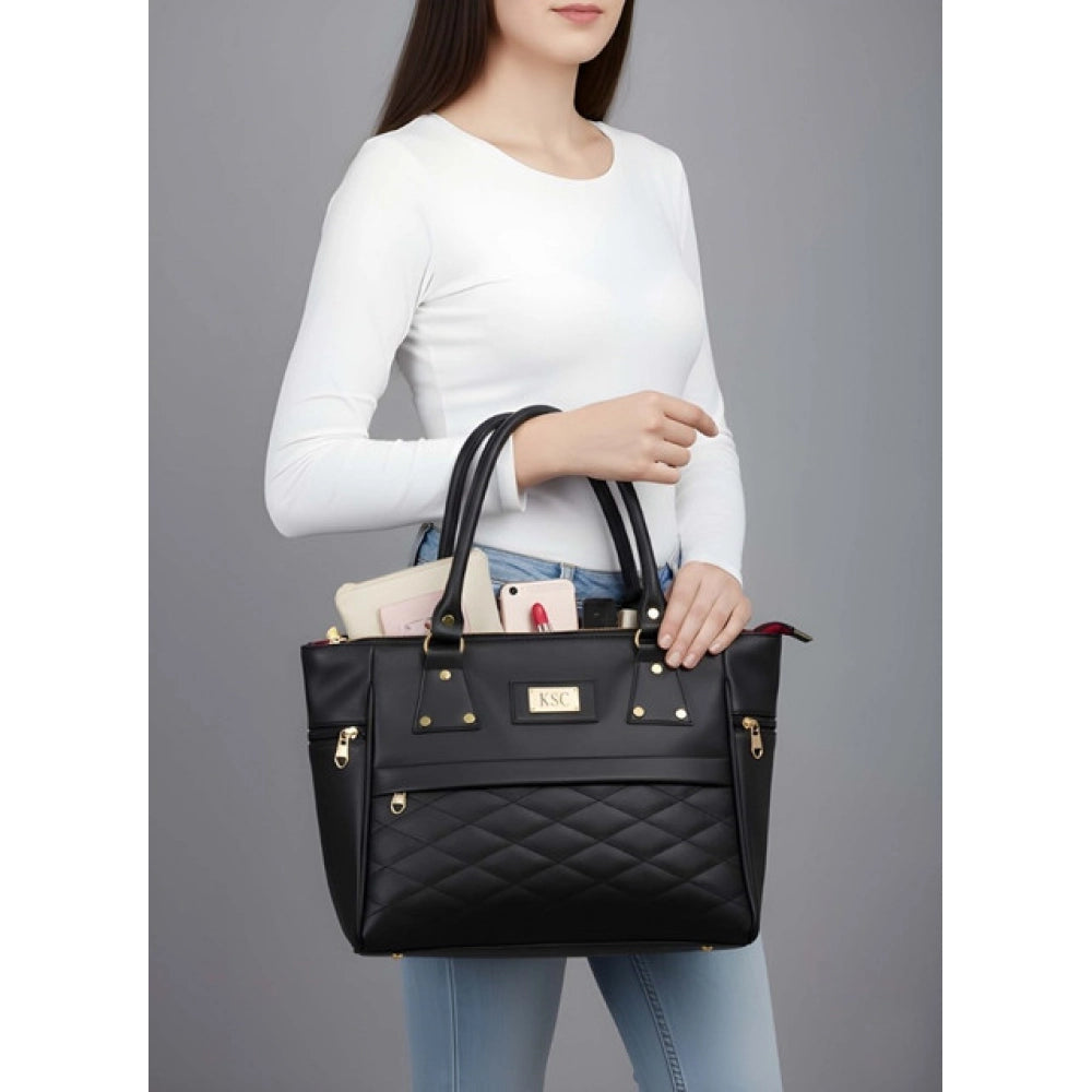 Women's PU Leather Solid Shoulder Zipper Handbag (Black) - POPNOVA