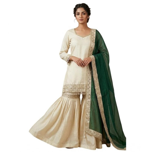 Generic Women's Silk Embroidered 3/4th Sleeve V-Neck Kurti With Sharara Pant and Dupatta Set (Cream & Bottle Green)