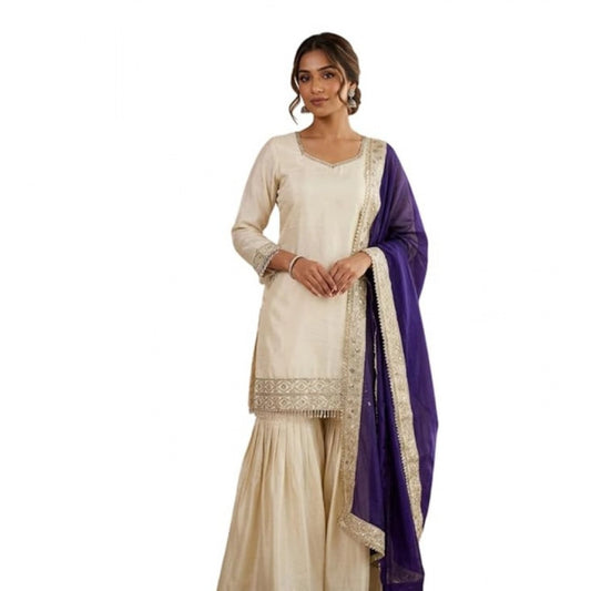 Generic Women's Silk Embroidered 3/4th Sleeve V-Neck Kurti With Sharara Pant and Dupatta Set (Cream & Purple)
