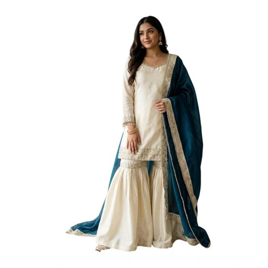 Generic Women's Silk Embroidered 3/4th Sleeve V-Neck Kurti With Sharara Pant and Dupatta Set (Cream & Teal)