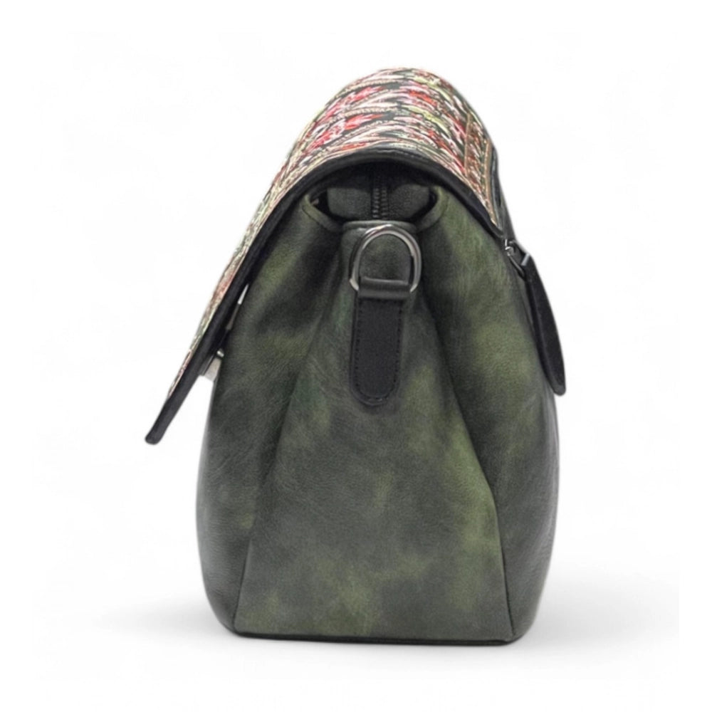 Women's Polyurethane Floral Embroidered Crossbody Sling Bag with Adjustable & Removable Strap (Green) - POPNOVA