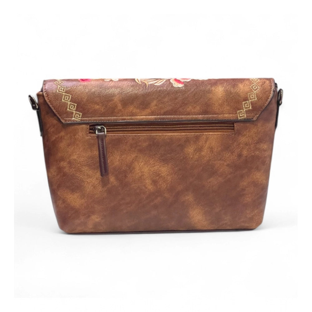 Women's Polyurethane Floral Embroidered Crossbody Sling Bag with Adjustable & Removable Strap (Brown) - POPNOVA