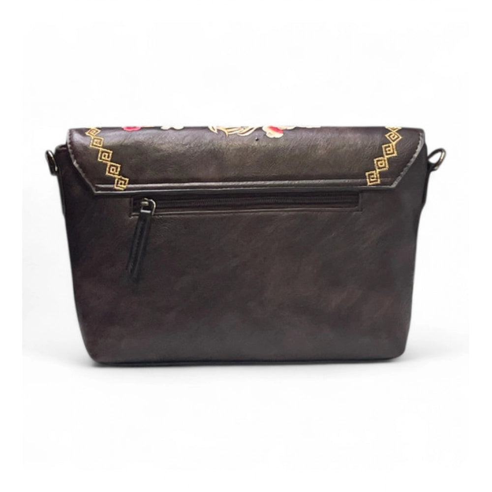 Women's Polyurethane Floral Embroidered Crossbody Sling Bag with Adjustable & Removable Strap (Coffee) - POPNOVA