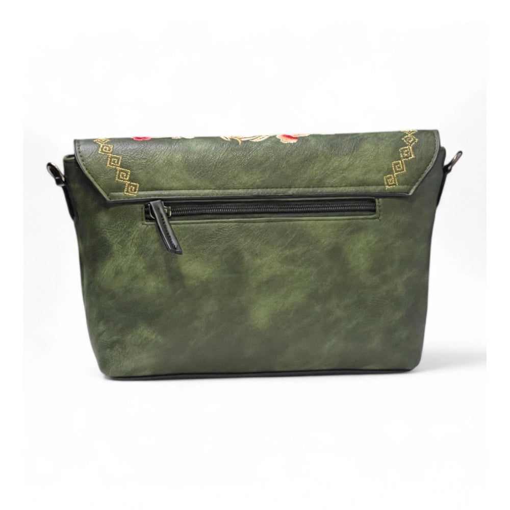 Women's Polyurethane Floral Embroidered Crossbody Sling Bag with Adjustable & Removable Strap (Green) - POPNOVA