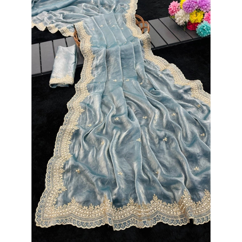 Women's Satin Embellished Saree With Unstitched Blouse 5.5 Mtr�(Blue)