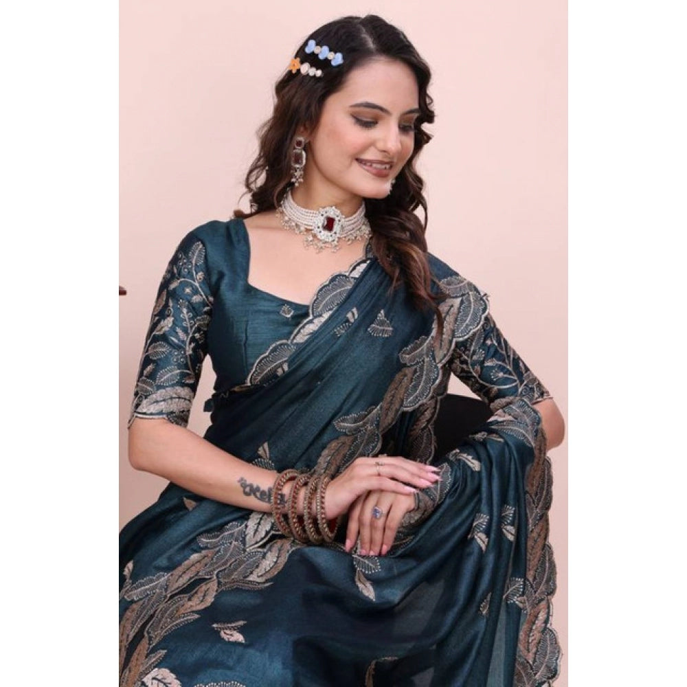 Women's Georgette Embroidered Saree With Unstitched Blouse 5.5 Mtr�(Teal)
