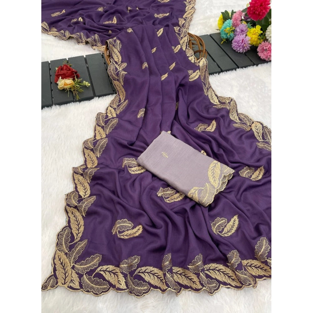 Women's Chiffon Embroidered Saree With Unstitched Blouse 5.5 Mtr�(Purple)