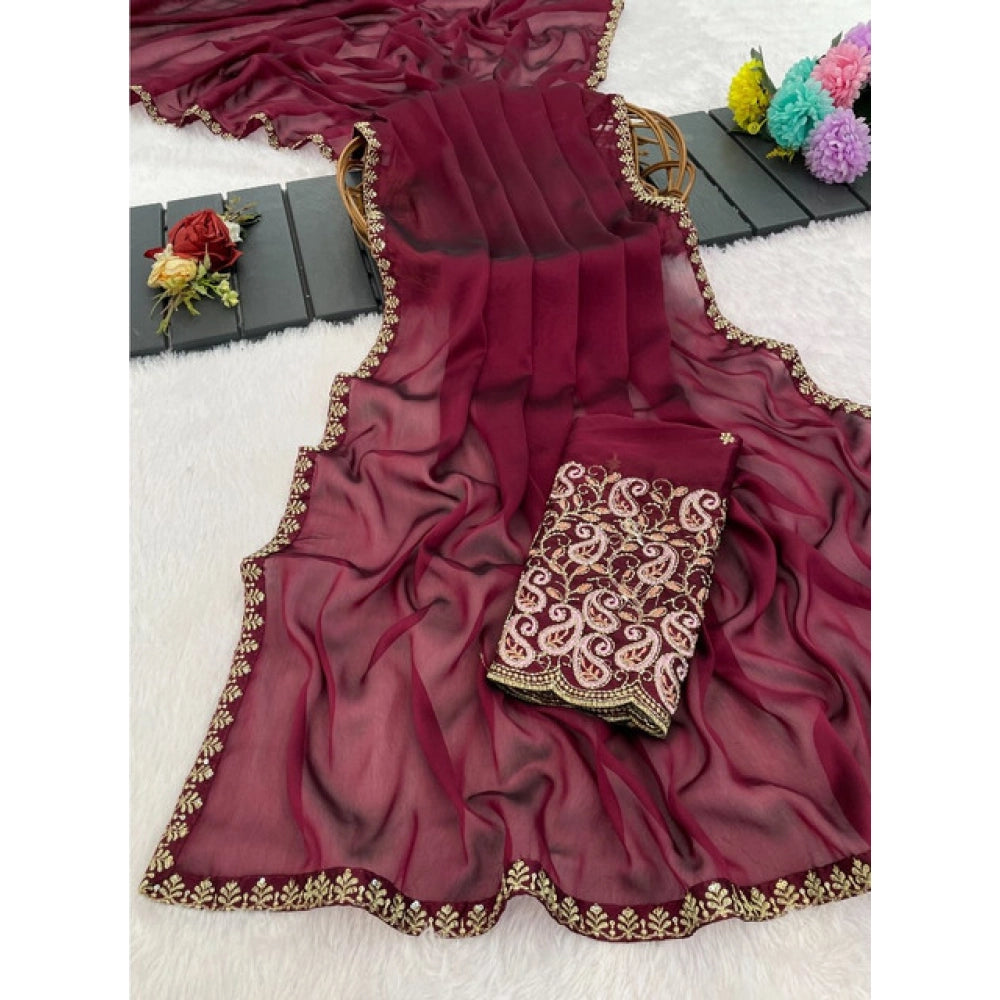 Women's Chiffon Embroidered Saree With Unstitched Blouse 5.5 Mtr�(Maroon)