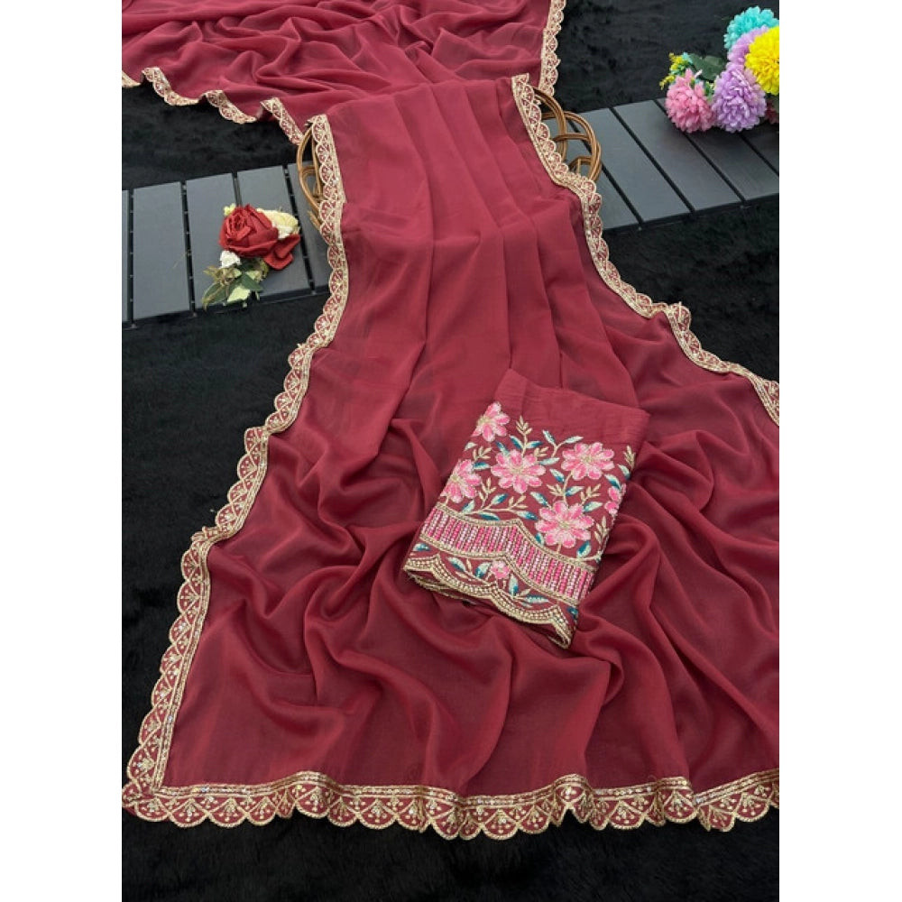 Women's Georgette Embellished Saree With Unstitched Blouse 5.5 Mtr�(Maroon)