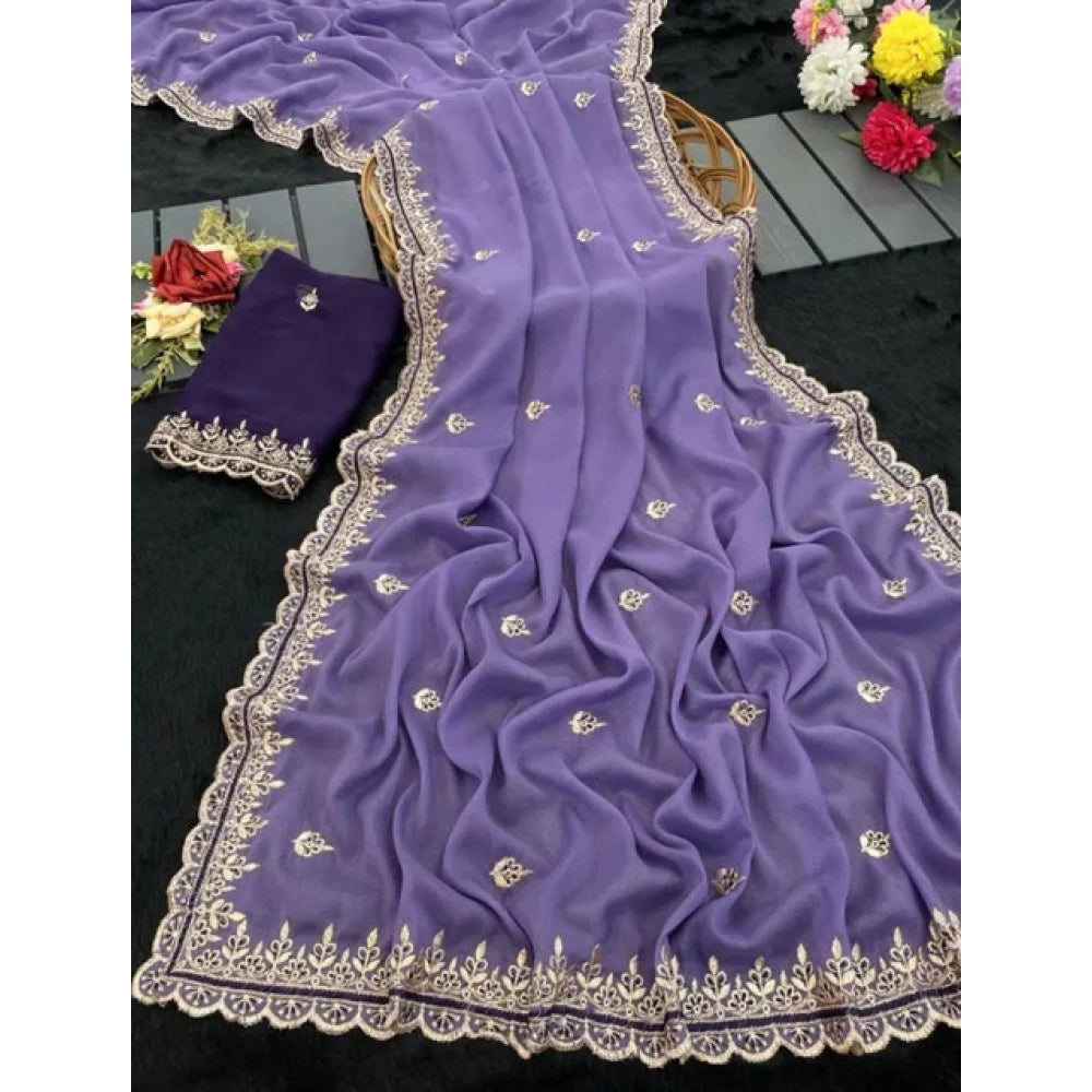 Women's Georgette Embellished Saree With Unstitched Blouse 5.5 Mtr�(Purple)