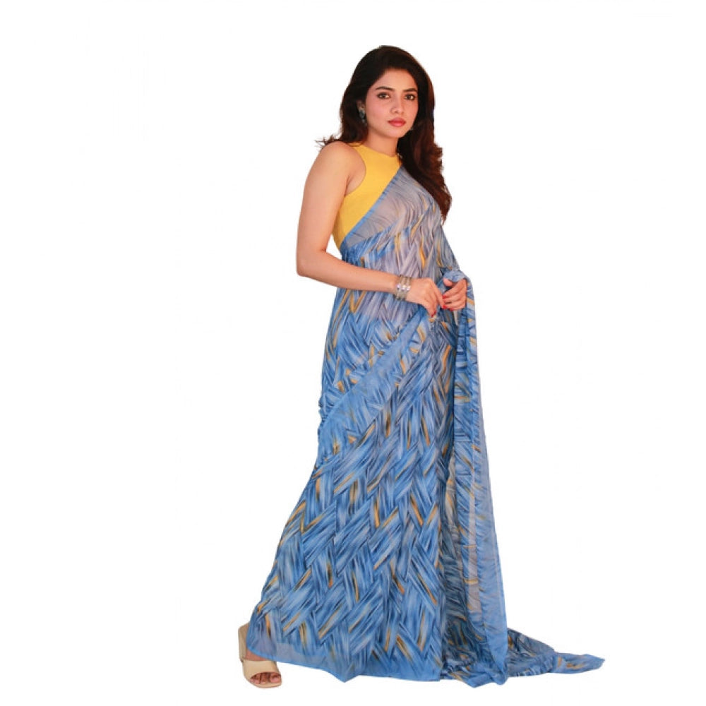 Women's Georgette Printed Saree With Unstitched Blouse 5.5 Mtr (Blue)