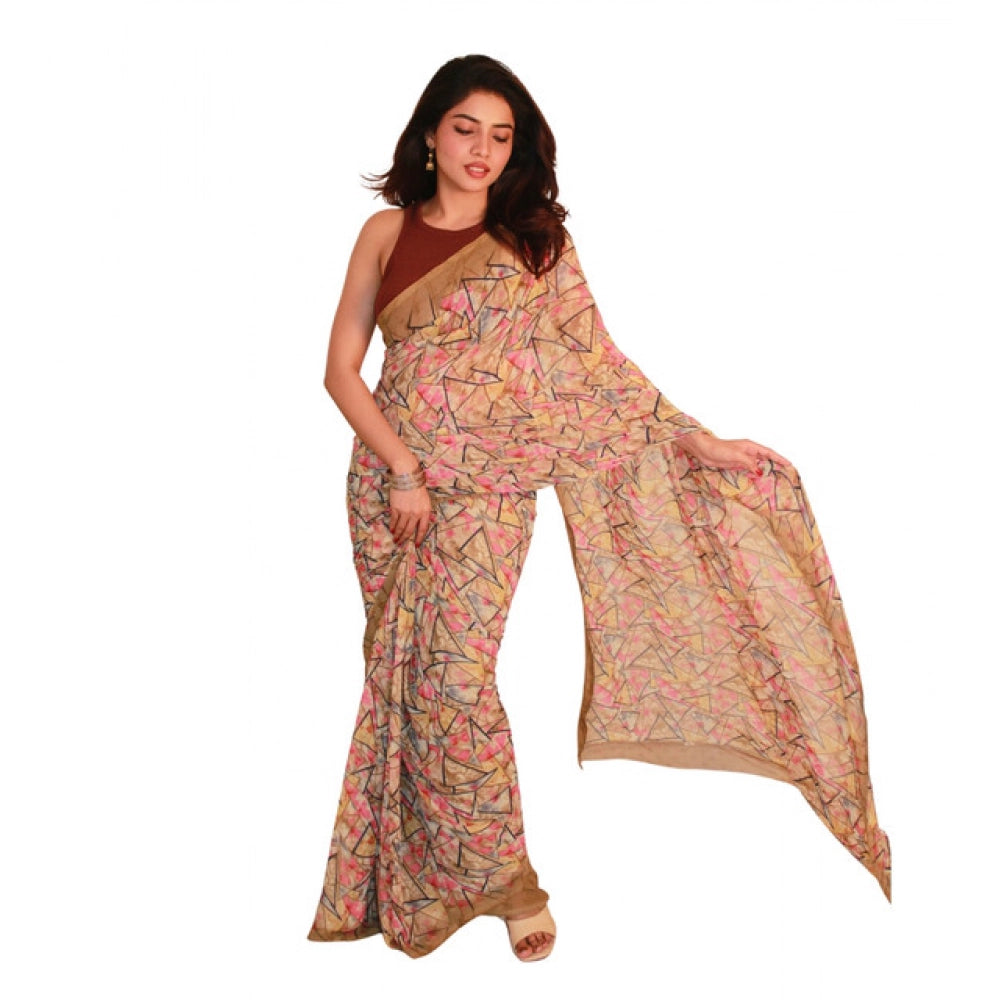Women's Georgette Printed Saree With Unstitched Blouse 5.5 Mtr (Brown)