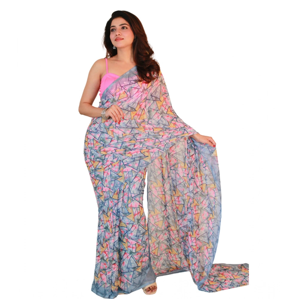 Women's Georgette Printed Saree With Unstitched Blouse 5.5 Mtr (Multicolor)