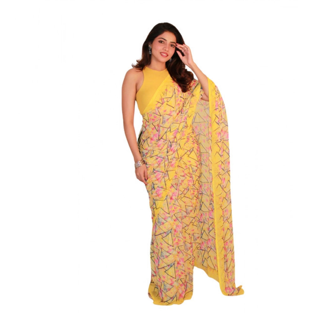Women's Georgette Printed Saree With Unstitched Blouse 5.5 Mtr (Yellow)