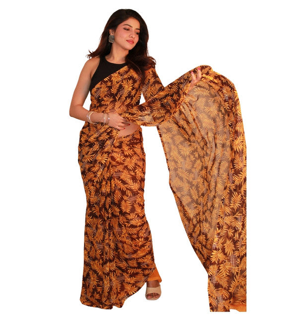 Women's Georgette Printed Saree With Unstitched Blouse 5.5 Mtr (Black-Yellow)