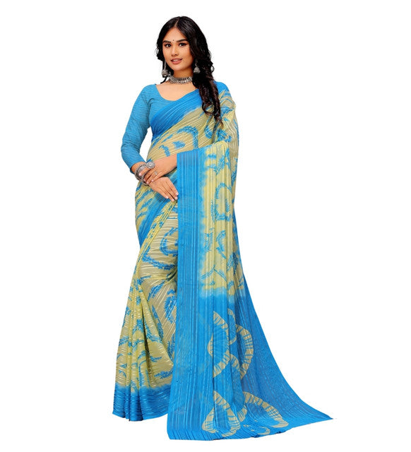Women's Georgette Striped Printed Saree With Unstitched Blouse 5.5 Mtr (Blue-Pale Yellow)