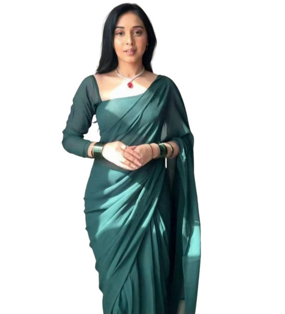 Women's Georgette Solid Saree With Unstitched Blouse 5.5 Mtr (Dark Green)