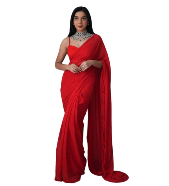 Women's Georgette Solid Saree With Unstitched Blouse 5.5 Mtr (Red)