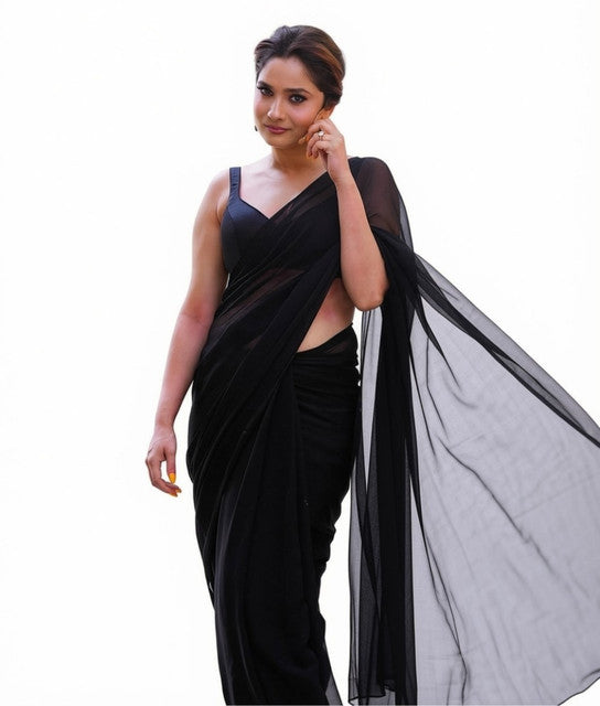 Women's Georgette Solid Saree With Unstitched Blouse 5.5 Mtr (Black)
