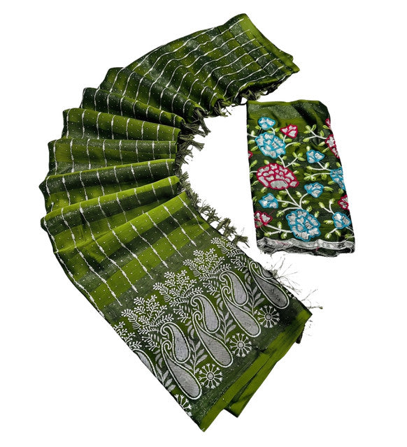 Women's Georgette Striped Saree With Unstitched Blouse 5.5 Mtr (Olive Green)