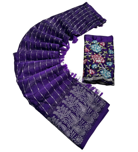 Women's Georgette Striped Saree With Unstitched Blouse 5.5 Mtr (Purple)