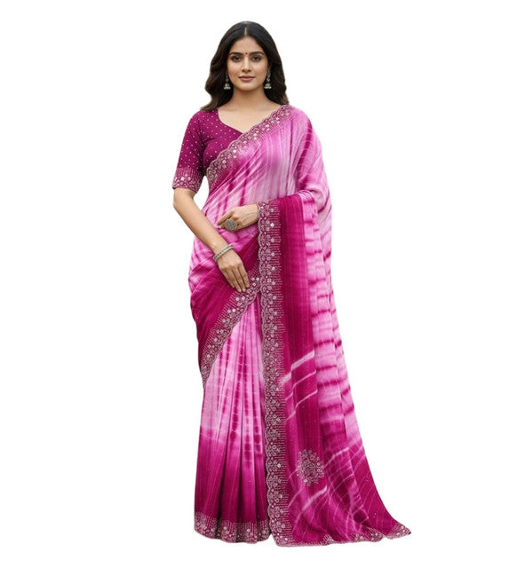 Women's Georgette Striped Saree With Unstitched Blouse 5.5 Mtr (Pink)