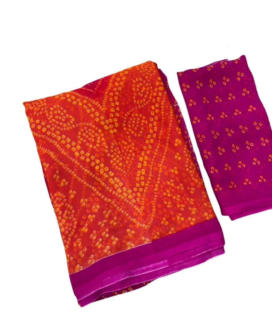 Women's Georgette Bandhani Printed Saree With Unstitched Blouse 5.5 Mtr (Orange-Magenta)