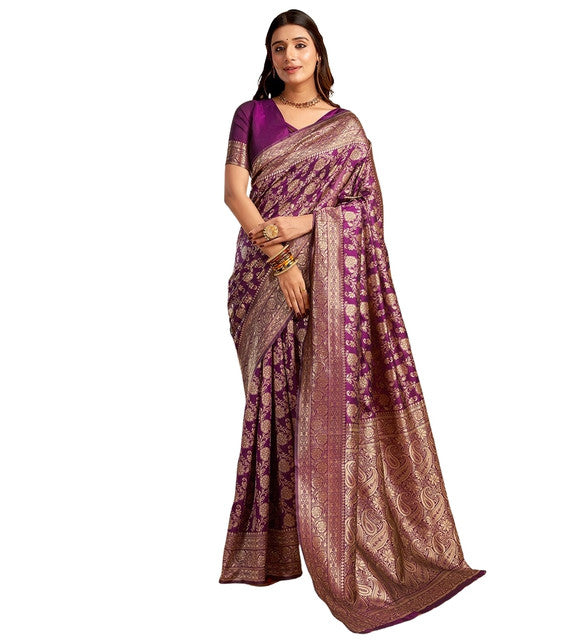 Women's Jacquard Printed Saree With Unstitched Blouse 5.5 Mtr (Purple)