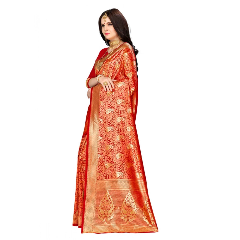 Women's Banarasi Silk Saree With Blouse (Red, 5-6 Mtr)