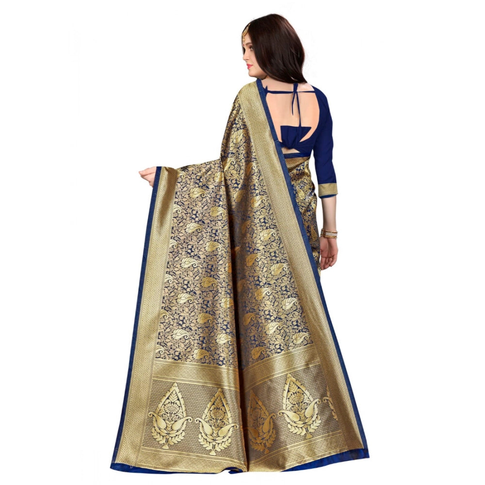 Women's Banarasi Silk Saree With Blouse (Navy blue, 5-6 Mtr)