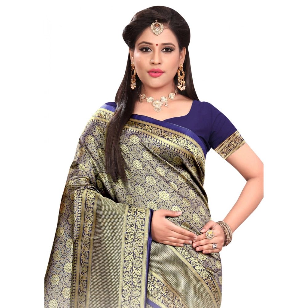 Women's Banarasi Silk Saree With Blouse (Navy blue, 5-6 Mtr)