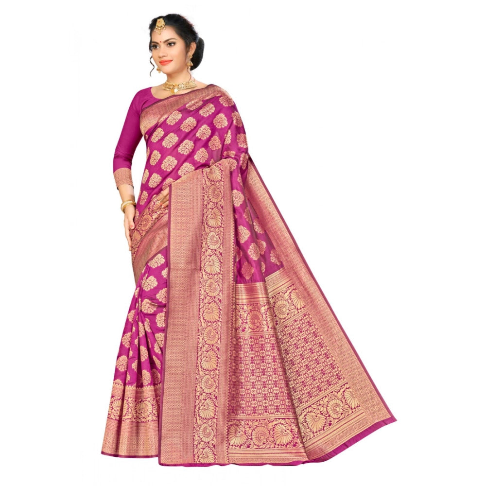 Women's Banarasi Silk Saree With Blouse (Wine, 5-6 Mtr)