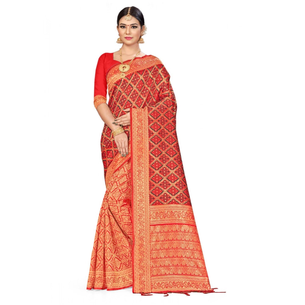 Women's Banarasi Silk Saree With Blouse (Red,black, 5-6 Mtr)