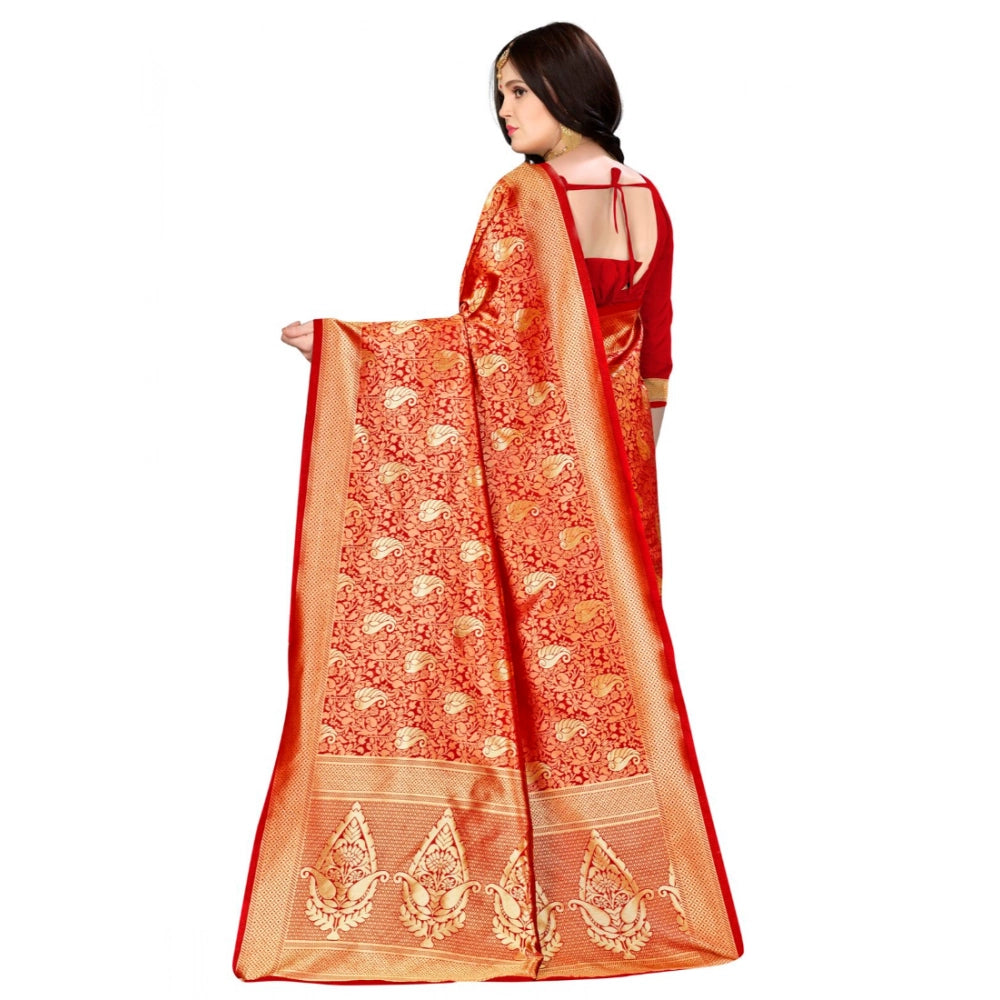 Women's Banarasi Silk Saree With Blouse (Red, 5-6 Mtr)