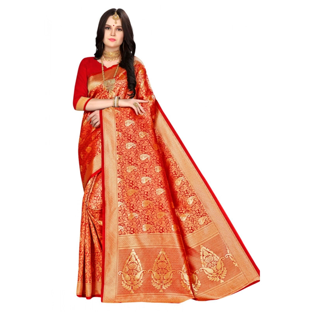 Women's Banarasi Silk Saree With Blouse (Red, 5-6 Mtr)