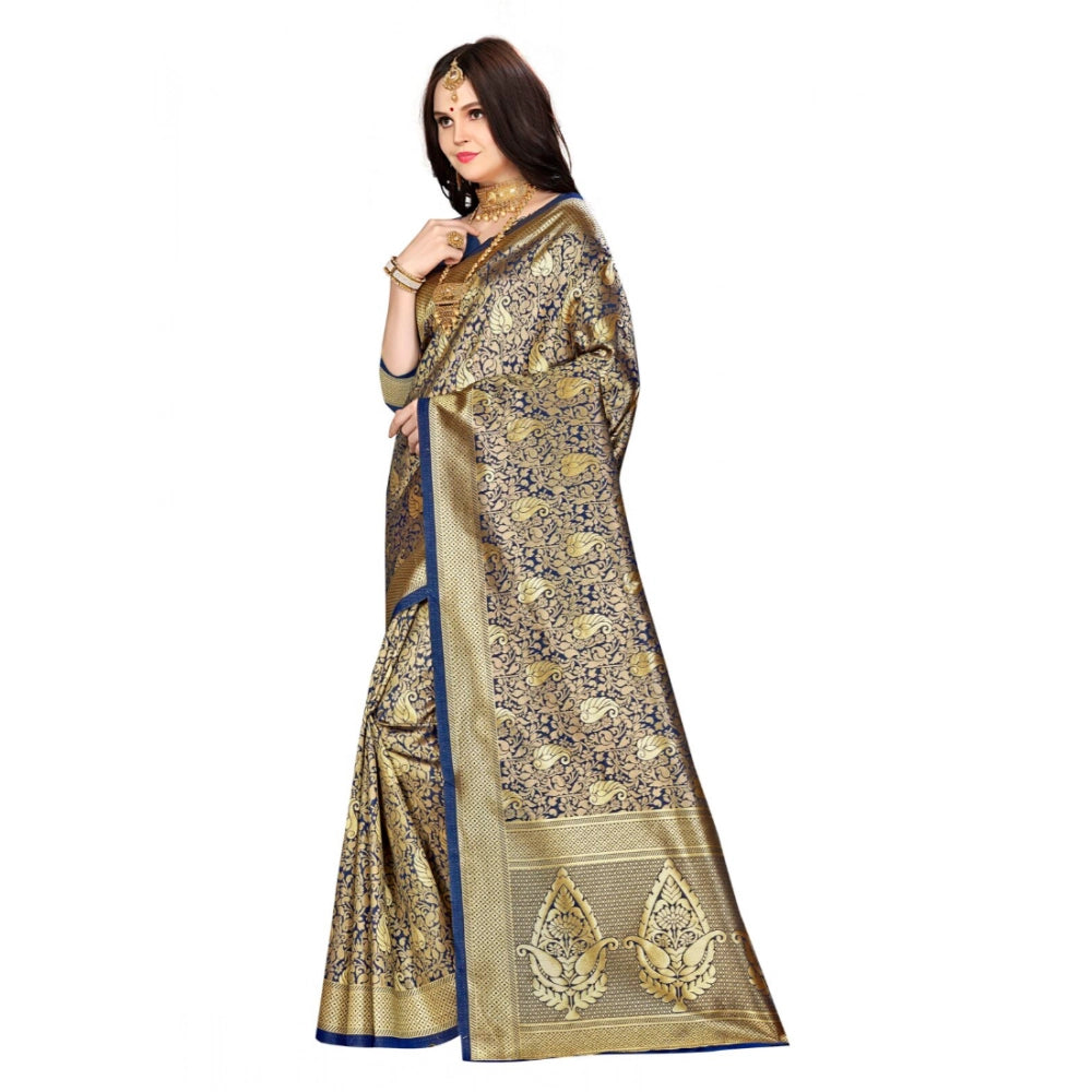 Women's Banarasi Silk Saree With Blouse (Navy blue, 5-6 Mtr)