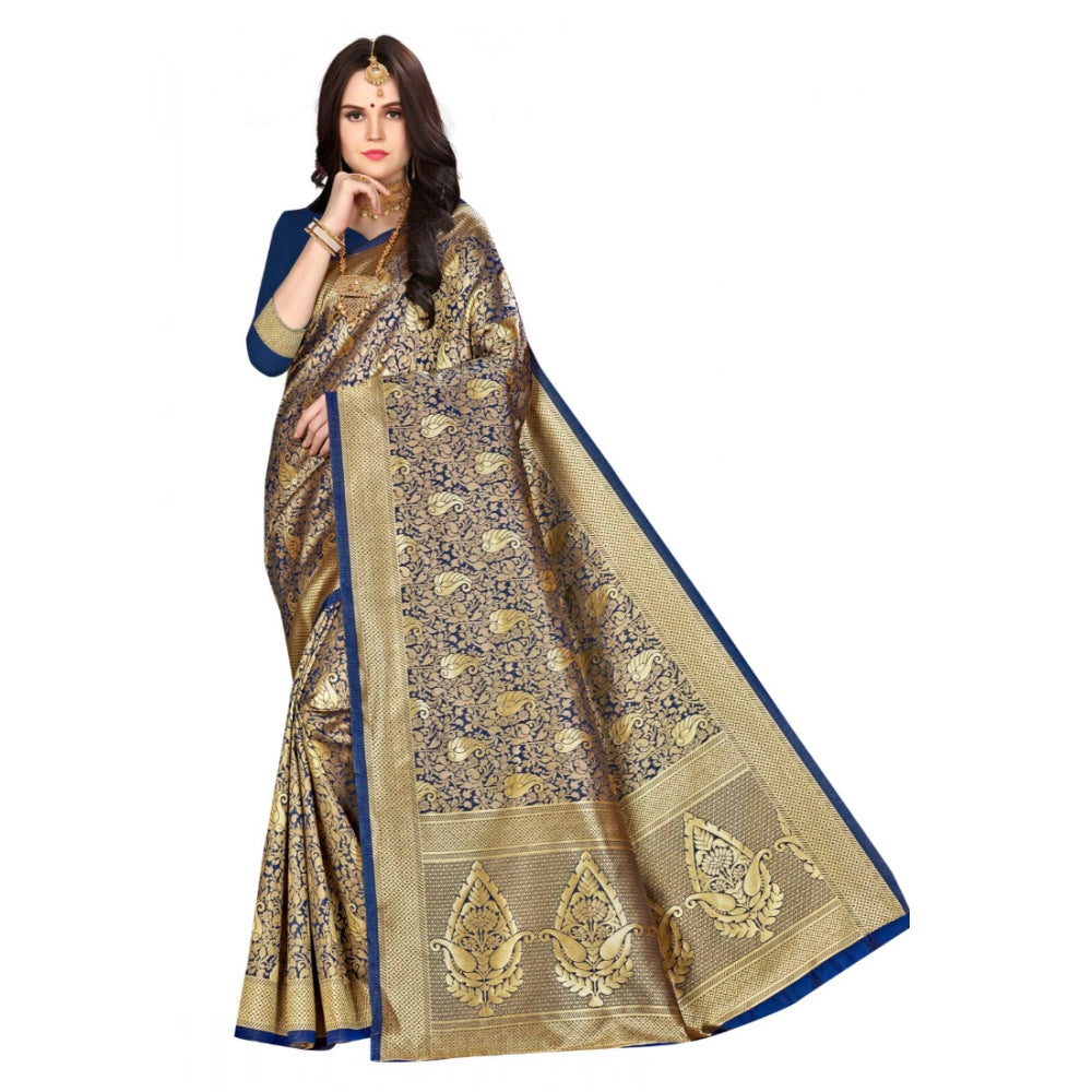 Women's Banarasi Silk Saree With Blouse (Navy blue, 5-6 Mtr)