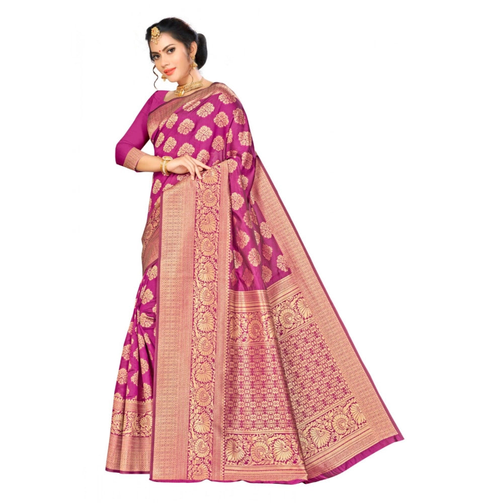Women's Banarasi Silk Saree With Blouse (Wine, 5-6 Mtr)