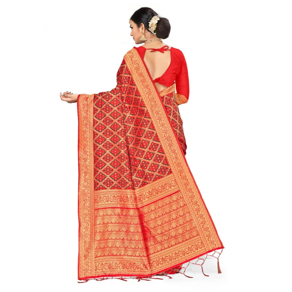 Women's Banarasi Silk Saree With Blouse (Red,black, 5-6 Mtr)