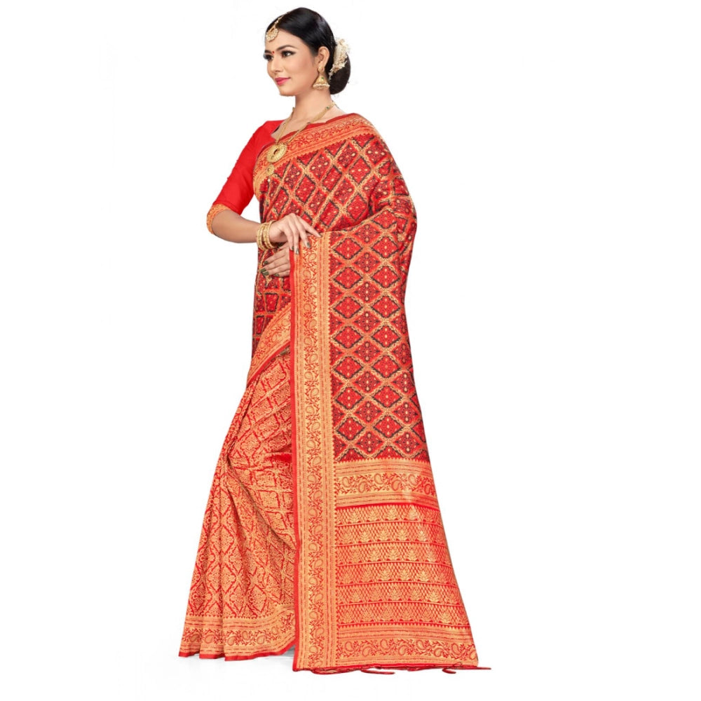 Women's Banarasi Silk Saree With Blouse (Red,black, 5-6 Mtr)