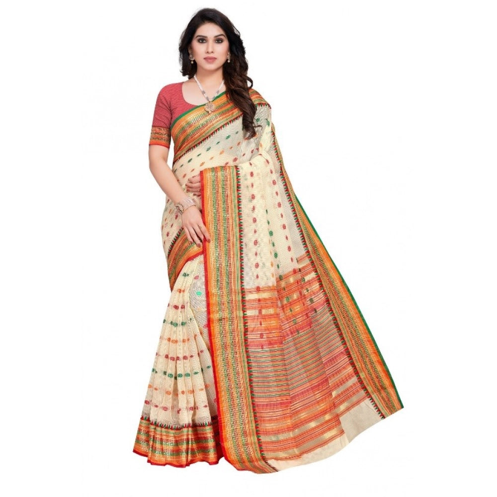 Women's Kota Doria Cotton Woven Butta Saree With Blouse (Cream, 5-6 Mtrs)