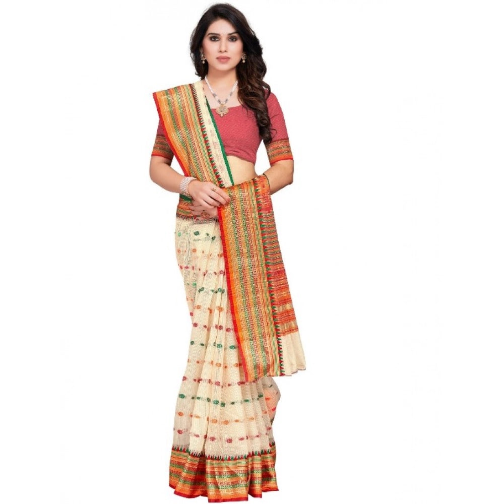 Women's Kota Doria Cotton Woven Butta Saree With Blouse (Cream, 5-6 Mtrs)