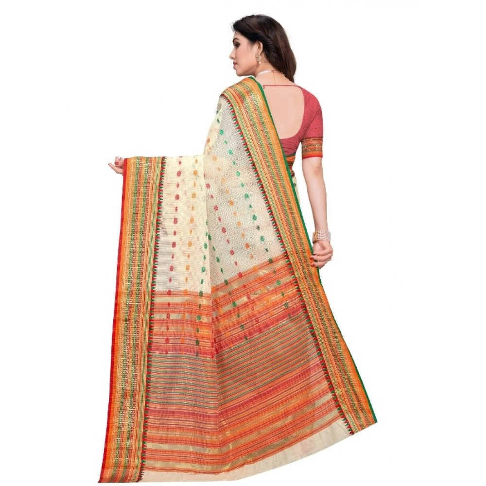 Women's Kota Doria Cotton Woven Butta Saree With Blouse (Cream, 5-6 Mtrs)