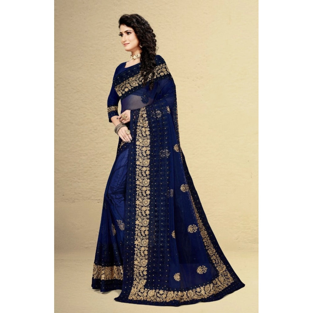 Women's Net Saree With Blouse (Navy Blue, 5-6Mtrs)