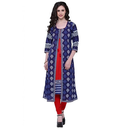 Generic Women's Cotton Printed Long Kurti (Blue, Red, Cotton) - Women's Kurti | POPNOVA